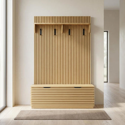 Fluted Hall Tree with Storage Bench, Coat Rack & Shoe Storage, Entryway, Oak