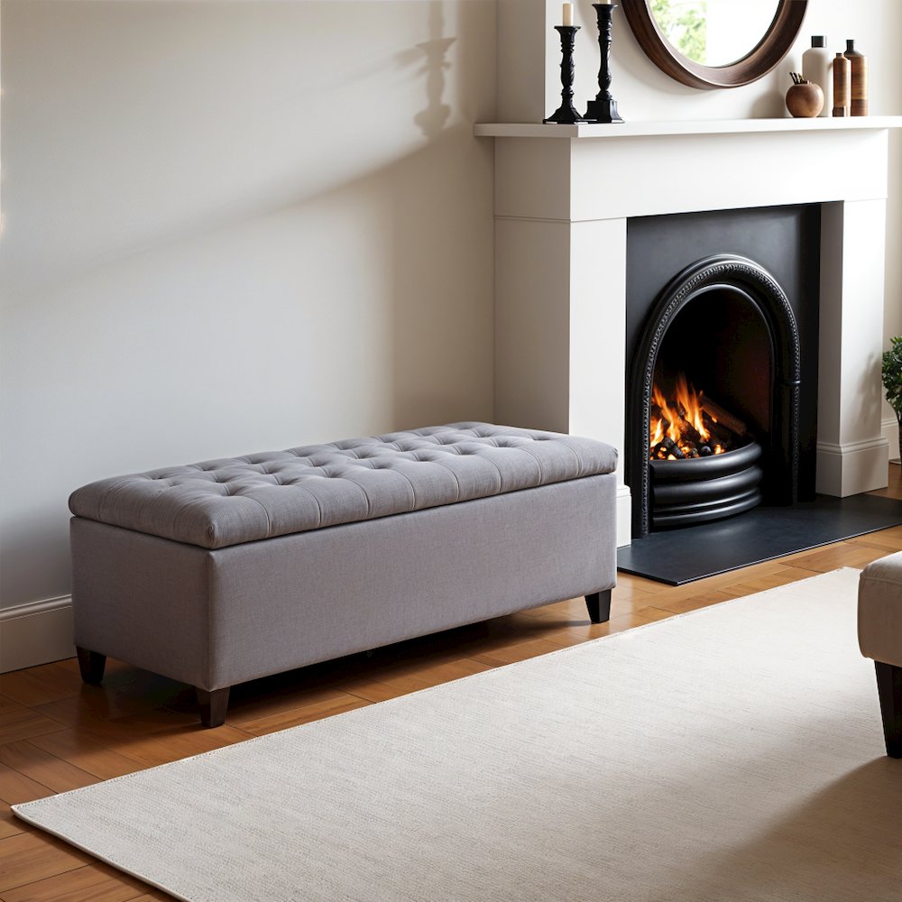 Gray Storage Bench with Soft Close, Tufted Top, Hardwood Frame, Birch Legs