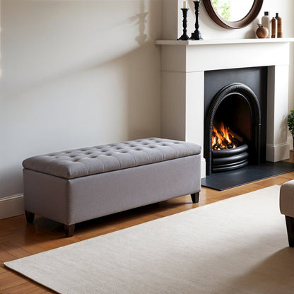 Gray Storage Bench with Soft Close, Tufted Top, Hardwood Frame, Birch Legs