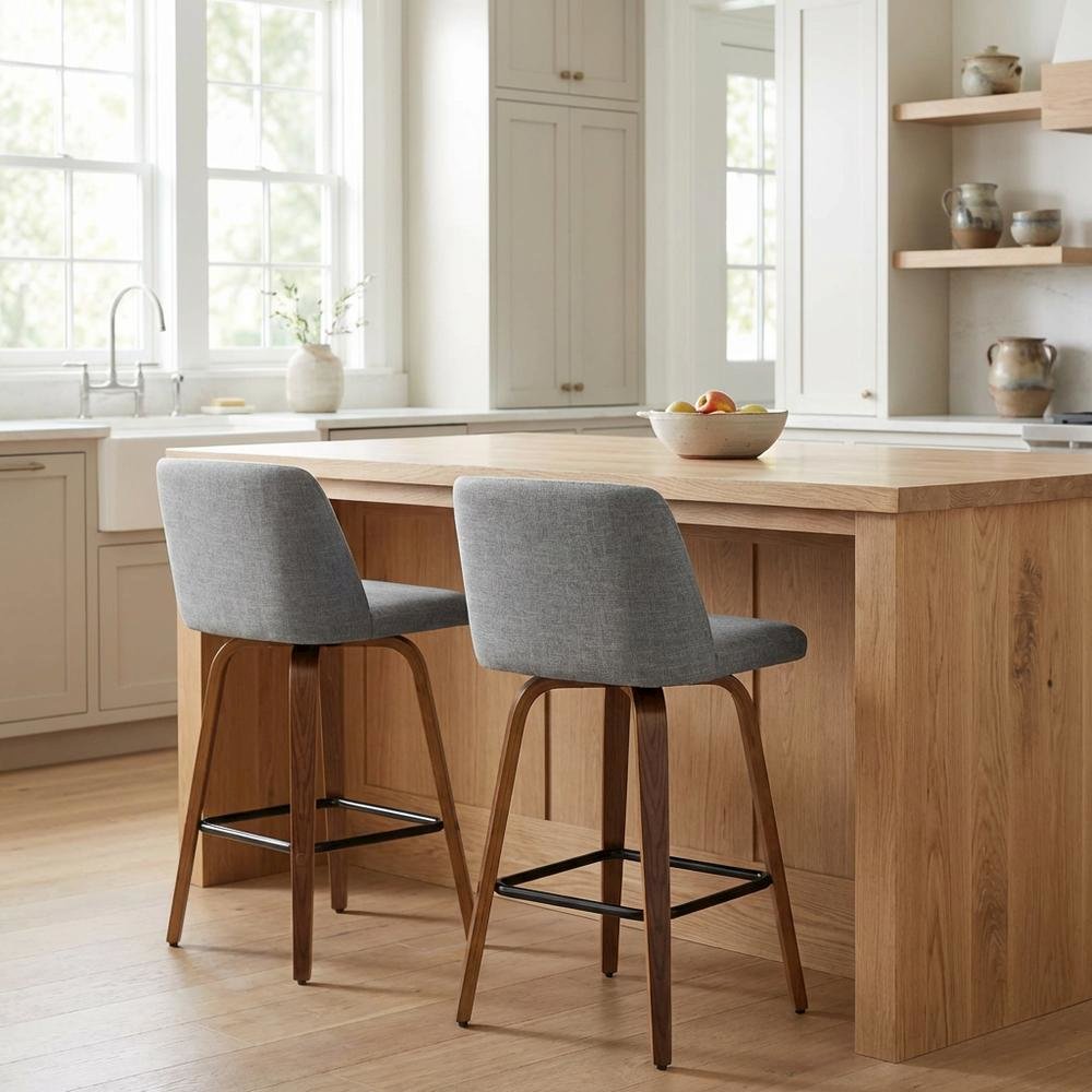 Mid-Century Modern Counter Stool in Walnut and Grey Fabric Set of 2