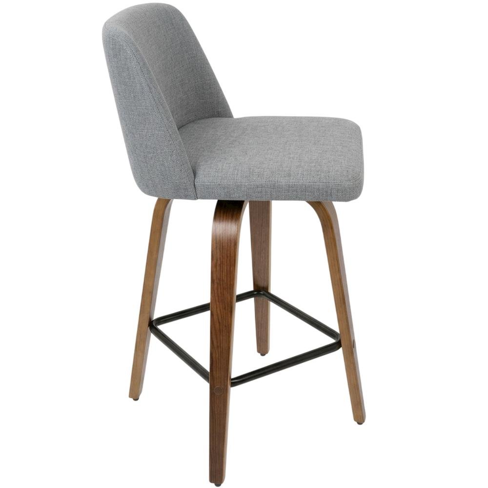 Mid-Century Modern Counter Stool in Walnut and Grey Fabric Set of 2