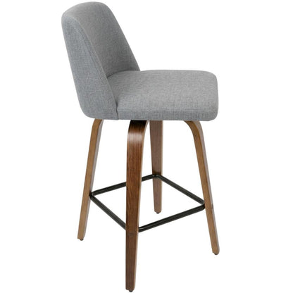 Mid-Century Modern Counter Stool in Walnut and Grey Fabric Set of 2
