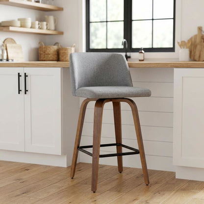 Mid-Century Modern Counter Stool in Walnut and Grey Fabric Set of 2