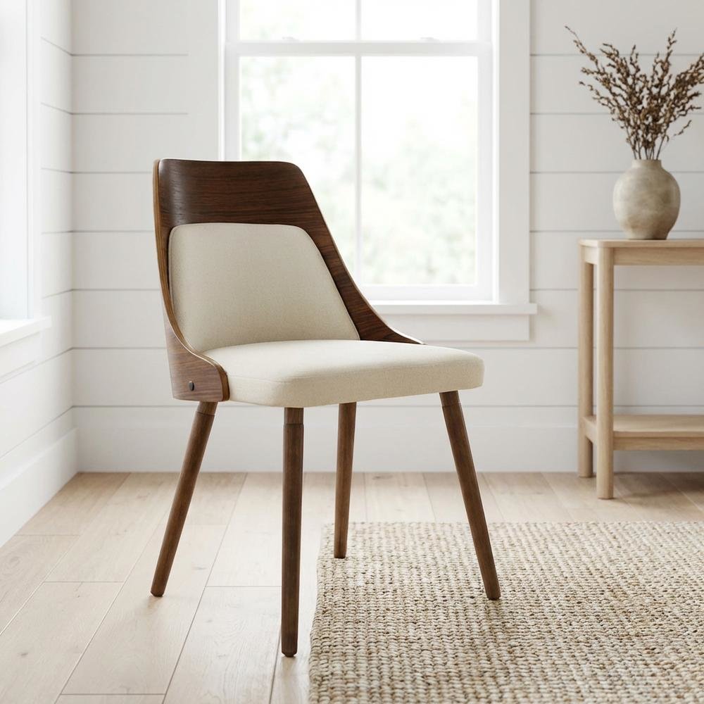 Walnut and Cream Fabric Dining Chair with Mid-Century Modern Style
