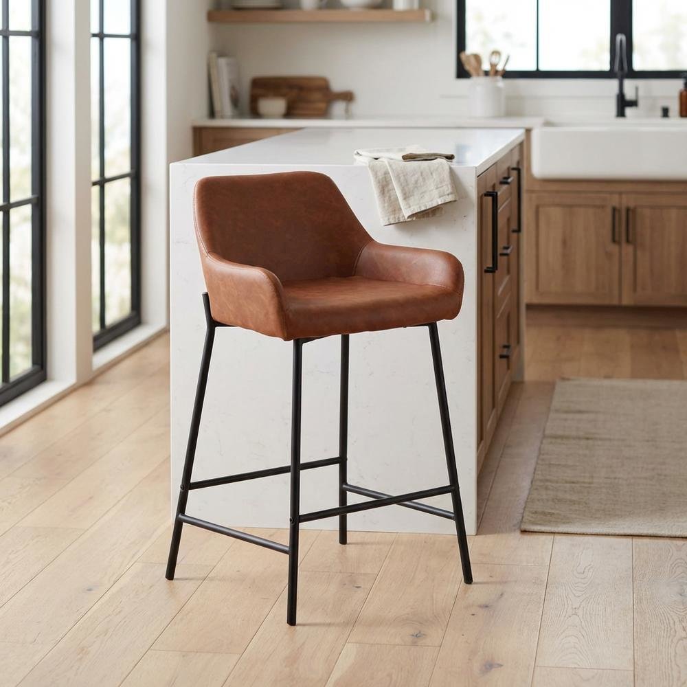 Black industrial counter stools with faux leather seats, set of 2