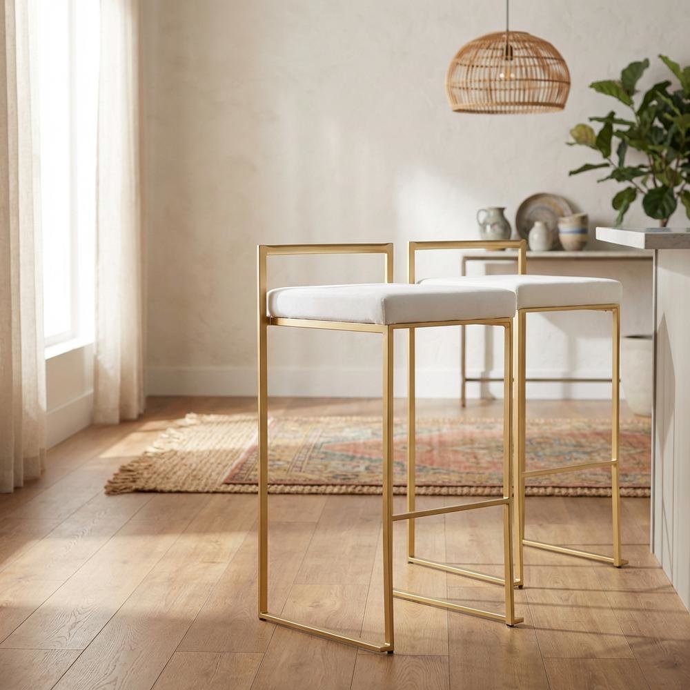 Gold stackable barstools with white velvet cushions, set of 2