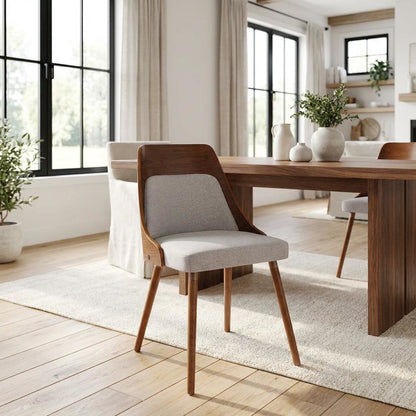 Walnut and Grey Fabric Dining Chair with Wooden Frame and Foam Padding