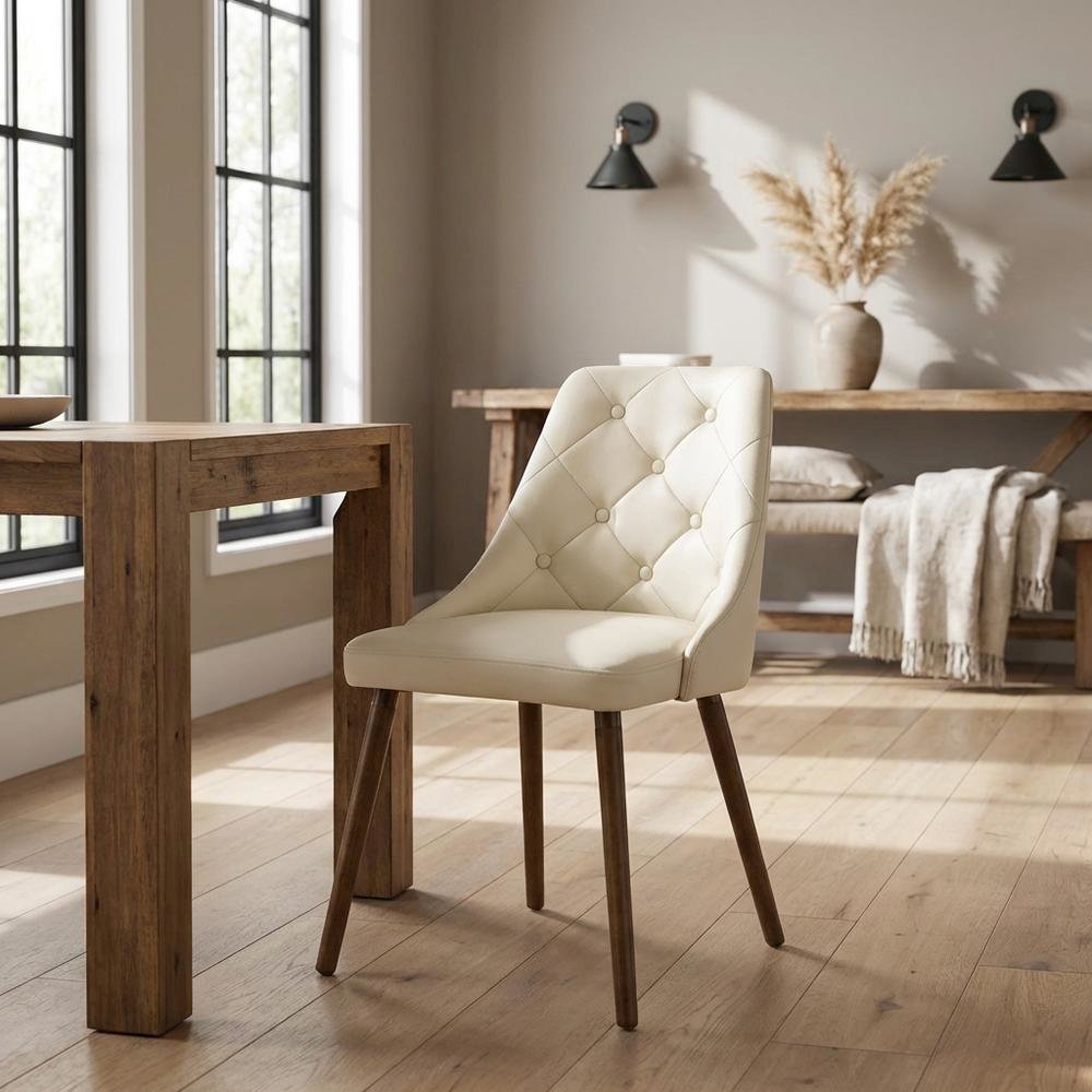 Mid-Century Modern Dining Chair with Walnut Finish, Cream Quilted Faux Leather