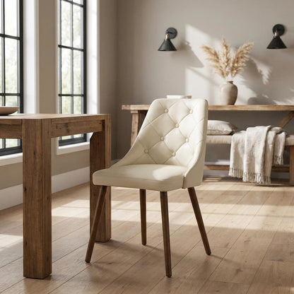 Mid-Century Modern Dining Chair with Walnut Finish, Cream Quilted Faux Leather