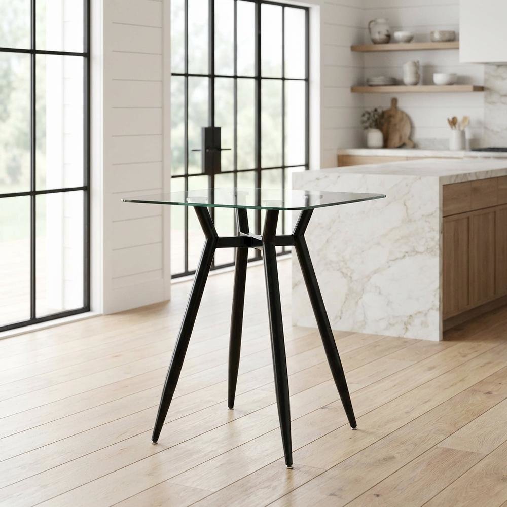 Square Modern Coffee Table with Black Metal Legs and Clear Glass Top