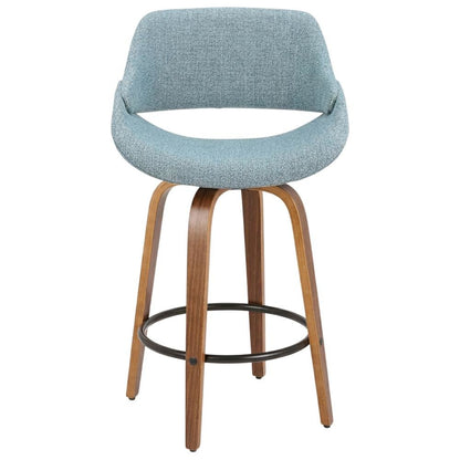 Walnut and Blue Noise Fabric Counter Stools, Mid-Century Modern Style, Set of 2