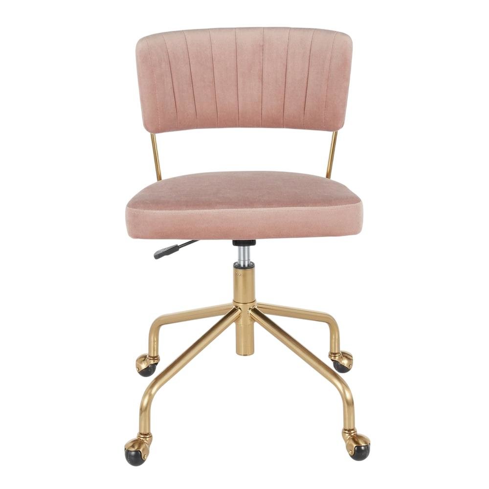 Pink velvet task chair with gold painted steel frame and cushioned seat