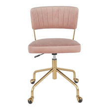 Pink velvet task chair with gold painted steel frame and cushioned seat