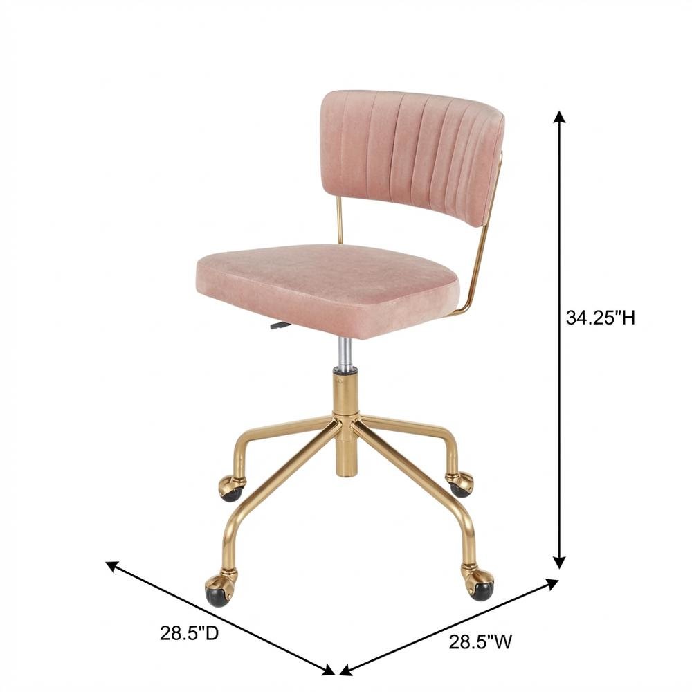 Pink velvet task chair with gold painted steel frame and cushioned seat
