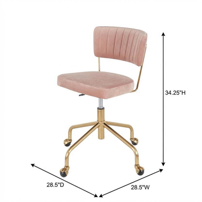 Pink velvet task chair with gold painted steel frame and cushioned seat