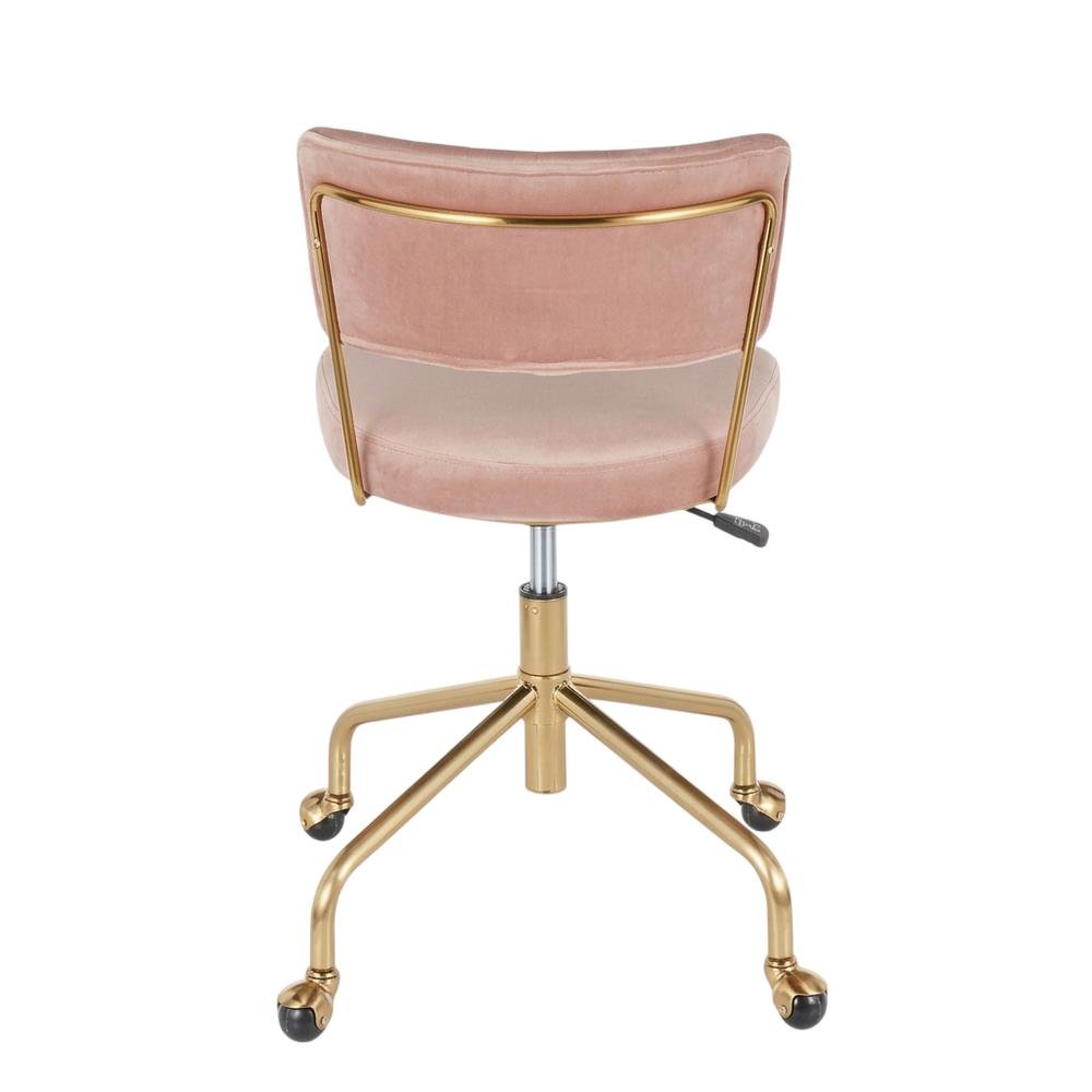 Pink velvet task chair with gold painted steel frame and cushioned seat