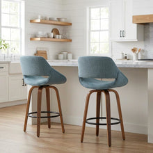 Walnut and Blue Noise Fabric Counter Stools, Mid-Century Modern Style, Set of 2