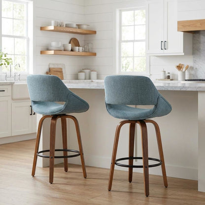 Walnut and Blue Noise Fabric Counter Stools, Mid-Century Modern Style, Set of 2
