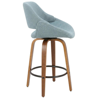 Walnut and Blue Noise Fabric Counter Stools, Mid-Century Modern Style, Set of 2