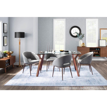 Folia Mid-Century Modern Dining Table in Walnut Wood with Clear Tempered Glass