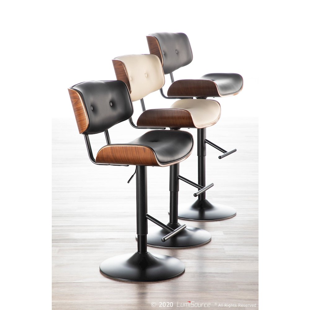 Black Metal, Walnut Wood, Grey PU Lombardi Adjustable Barstool - Set of 2