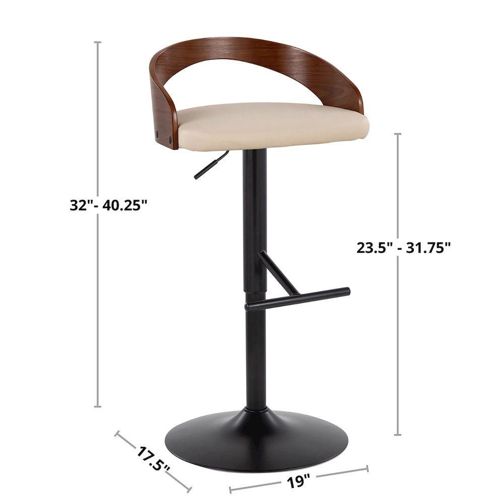 Chrome Metal, Light Grey Wood, Black PU Grotto Adjustable Barstool - Set of 2