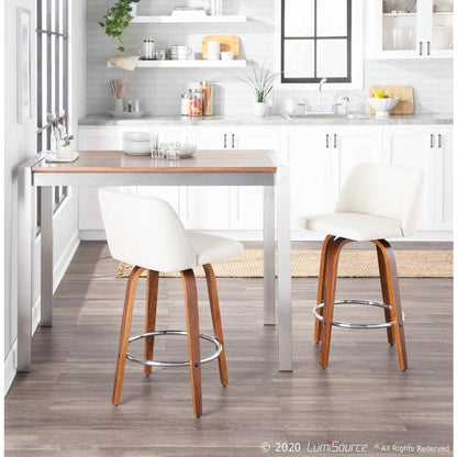 Walnut Wood, Cream Fabric, Chrome Toriano Counter Stool - Set of 2