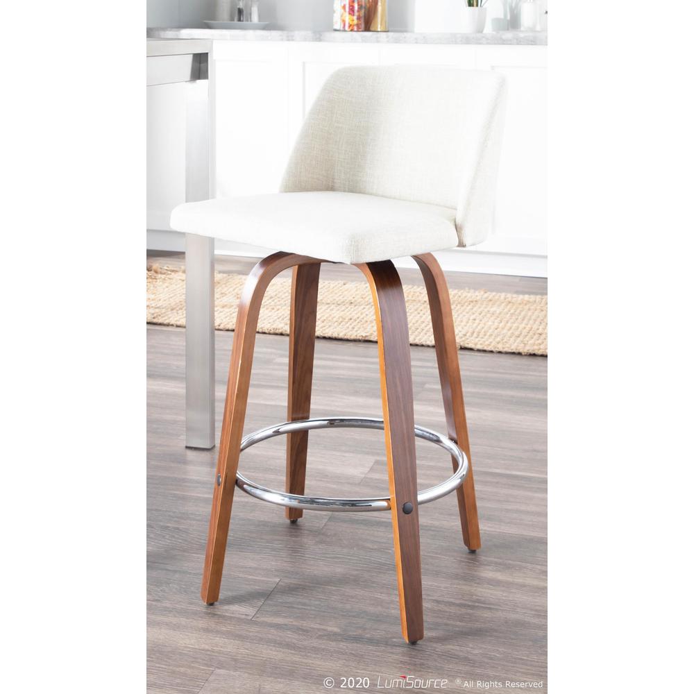 Walnut Wood, Cream Fabric, Chrome Toriano Counter Stool - Set of 2
