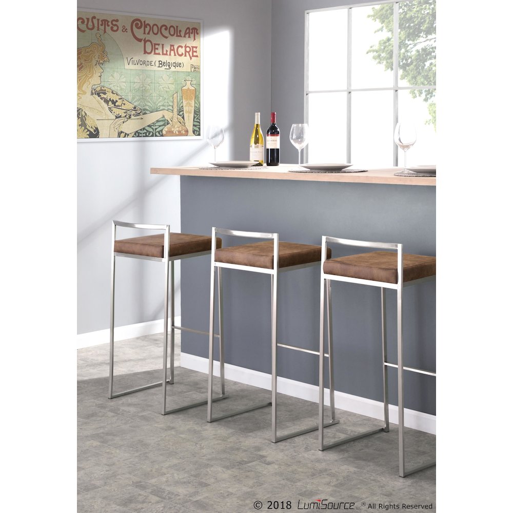 Fuji Stacker 30" Fixed-Height Barstool - Set of 3 in Stainless Steel