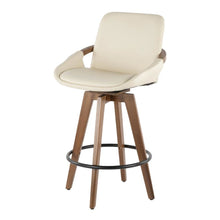 Mid-Century Counter Stool in Walnut and Cream Faux Leather with Armrests
