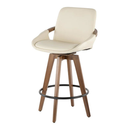 Mid-Century Counter Stool in Walnut and Cream Faux Leather with Armrests