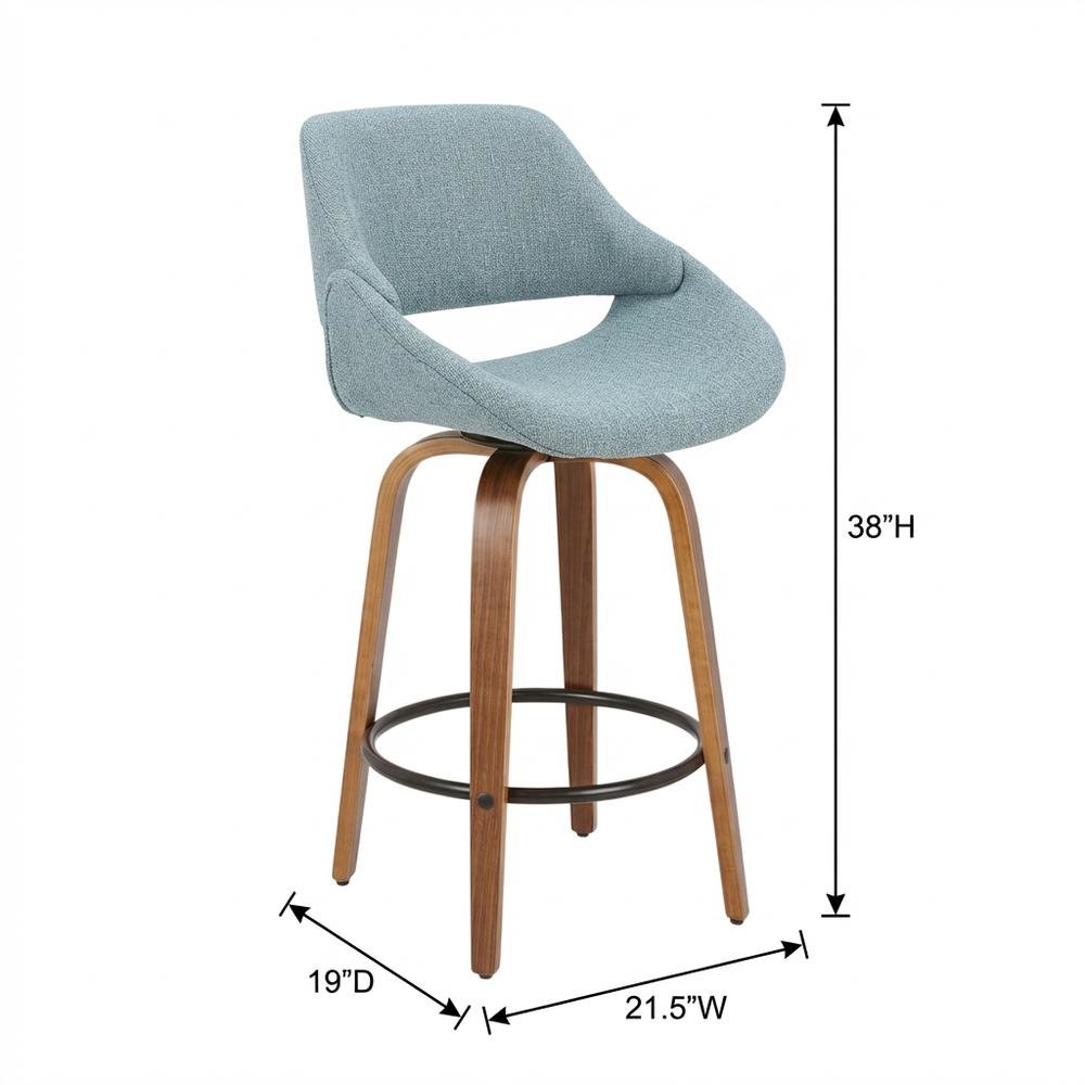 Walnut and Blue Noise Fabric Counter Stools, Mid-Century Modern Style, Set of 2