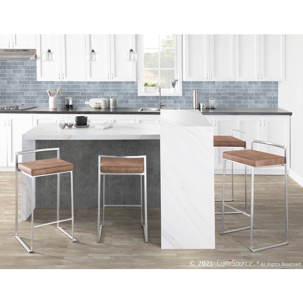 Fuji Stacker 30" Fixed-Height Barstool - Set of 3 in Stainless Steel