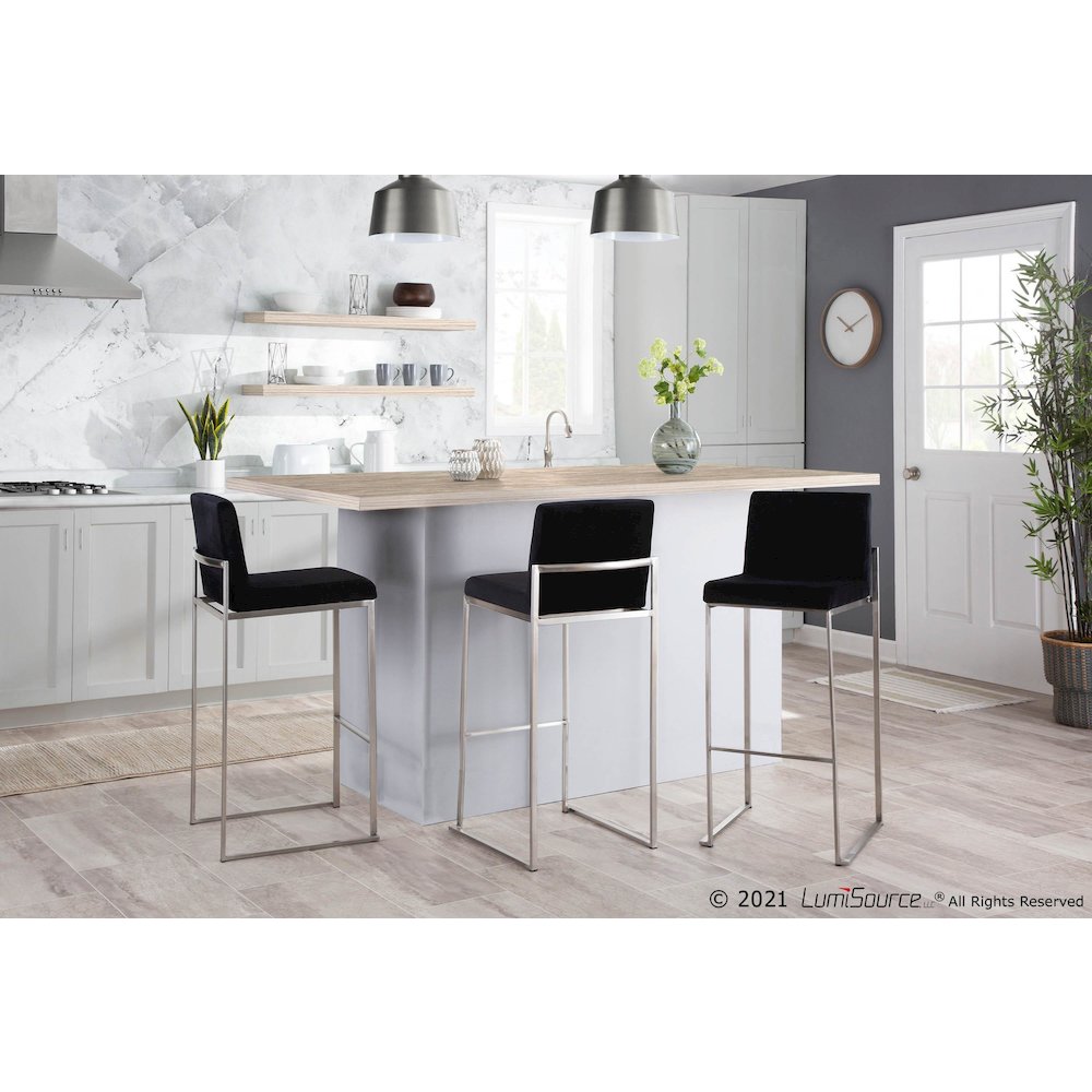 Stainless Steel, Black Velvet Fuji High Back Barstool - Set of 2