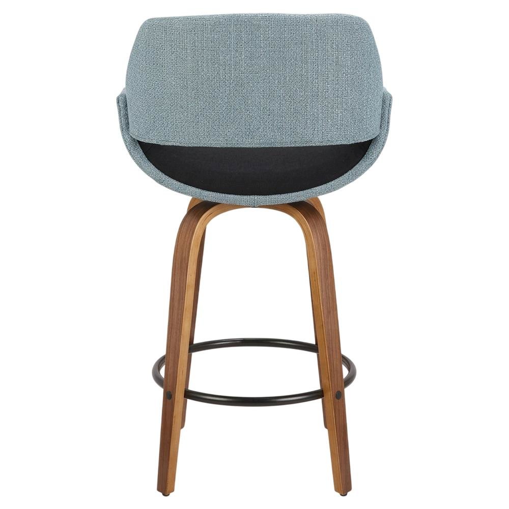 Walnut and Blue Noise Fabric Counter Stools, Mid-Century Modern Style, Set of 2