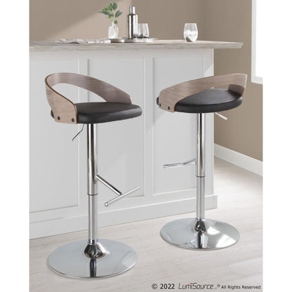 Chrome Metal, Light Grey Wood, Black PU Grotto Adjustable Barstool - Set of 2