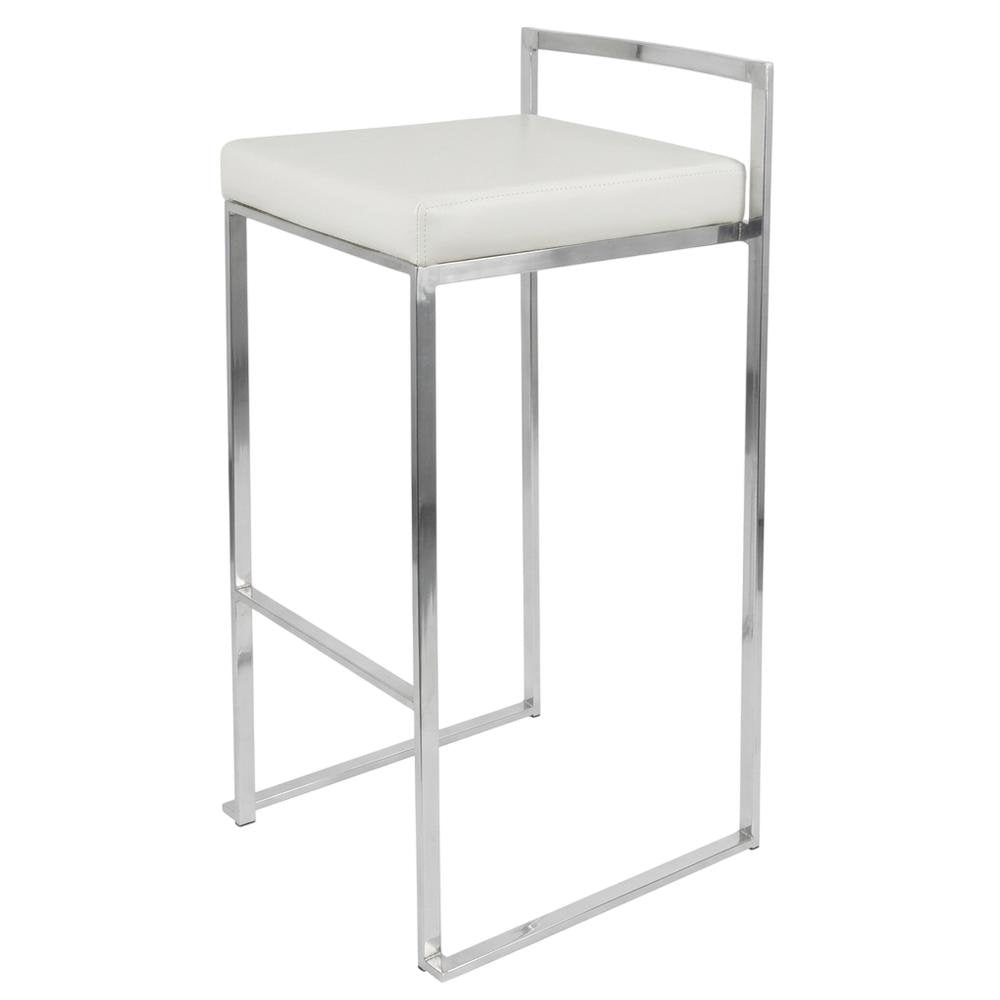 Contemporary White Faux Leather Stackable Barstools with Metal Frame, Set of 2