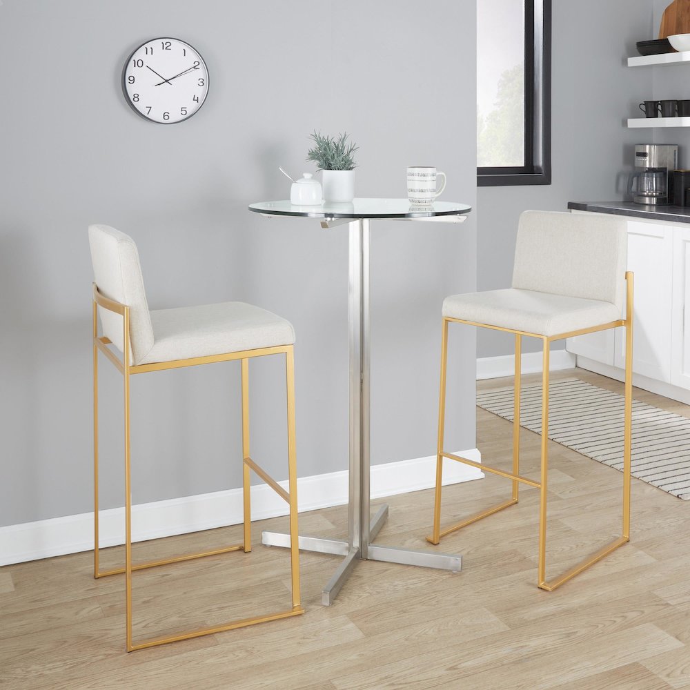 Fuji High Back 30" Fixed-Height Barstool - Set of 3 in Gold Steel