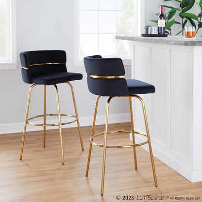 Gold Metal, Black Velvet Cinch Claire 30" Fixed-Height Barstool - Set of 2