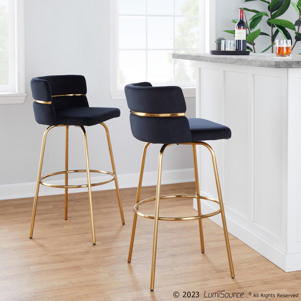 Gold Metal, Black Velvet Cinch Claire 30" Fixed-Height Barstool - Set of 2