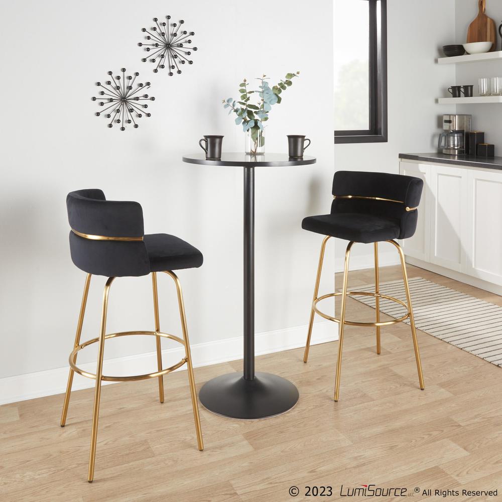 Gold Metal, Black Velvet Cinch Claire 30" Fixed-Height Barstool - Set of 2