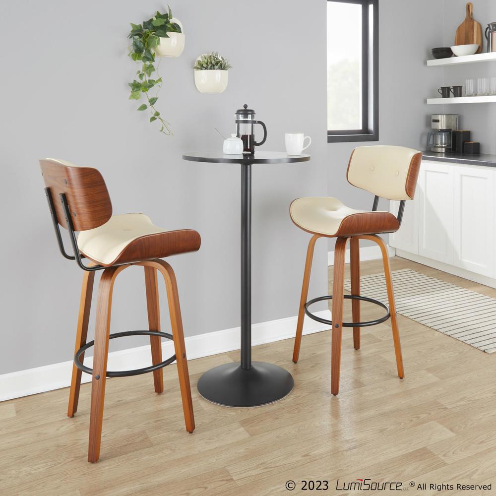 Walnut Wood, Black Metal, Cream PU Lombardi 30" Fixed-Height Barstool - Set of 2