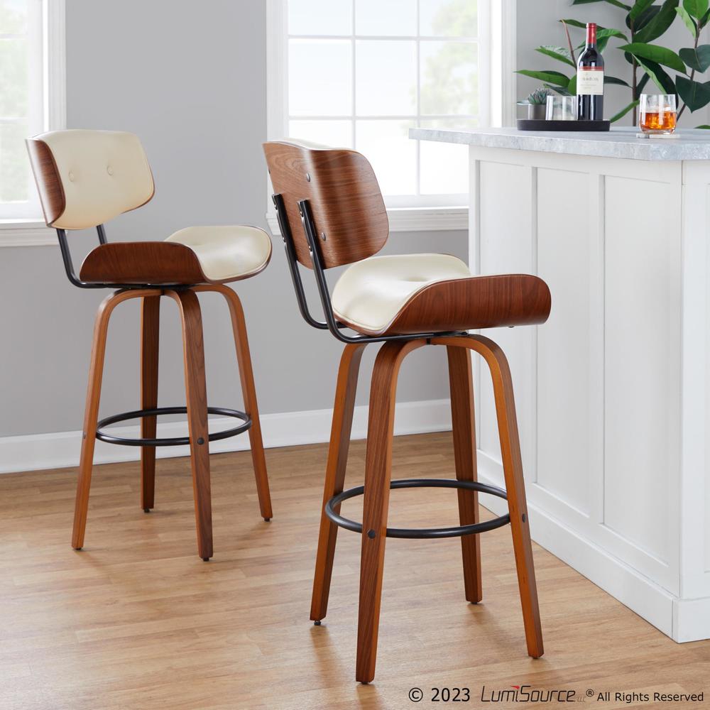Walnut Wood, Black Metal, Cream PU Lombardi 30" Fixed-Height Barstool - Set of 2