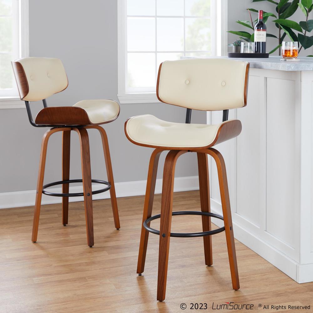 Walnut Wood, Black Metal, Cream PU Lombardi 30" Fixed-Height Barstool - Set of 2