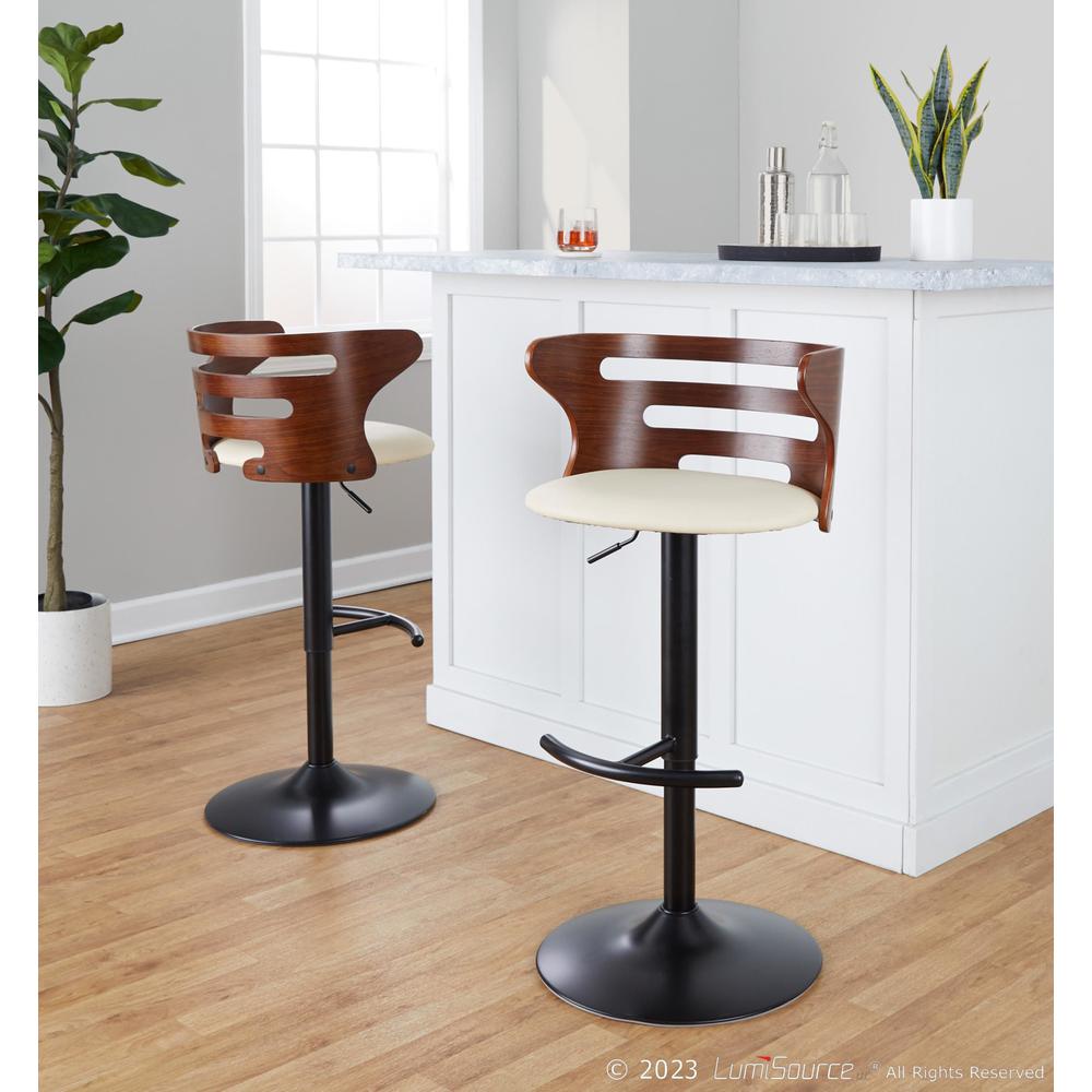 Black Metal, Walnut Wood, Cream PU Cosi Adjustable Barstool - Set of 2