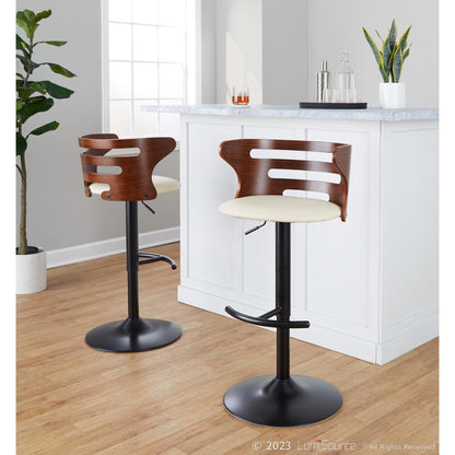 Black Metal, Walnut Wood, Cream PU Cosi Adjustable Barstool - Set of 2