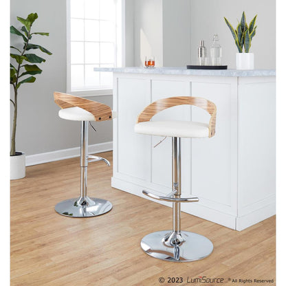 Chrome Metal, Zebra Wood, White PU Grotto Adjustable Barstool - Set of 2
