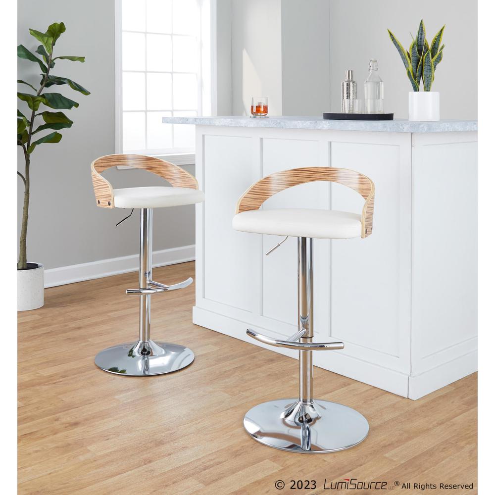 Chrome Metal, Zebra Wood, White PU Grotto Adjustable Barstool - Set of 2