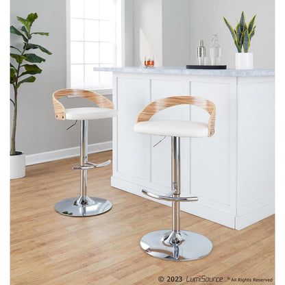 Chrome Metal, Zebra Wood, White PU Grotto Adjustable Barstool - Set of 2