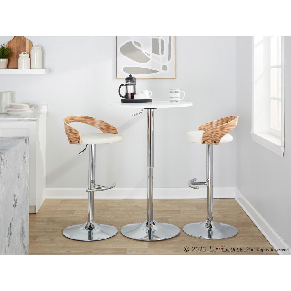 Chrome Metal, Zebra Wood, White PU Grotto Adjustable Barstool - Set of 2
